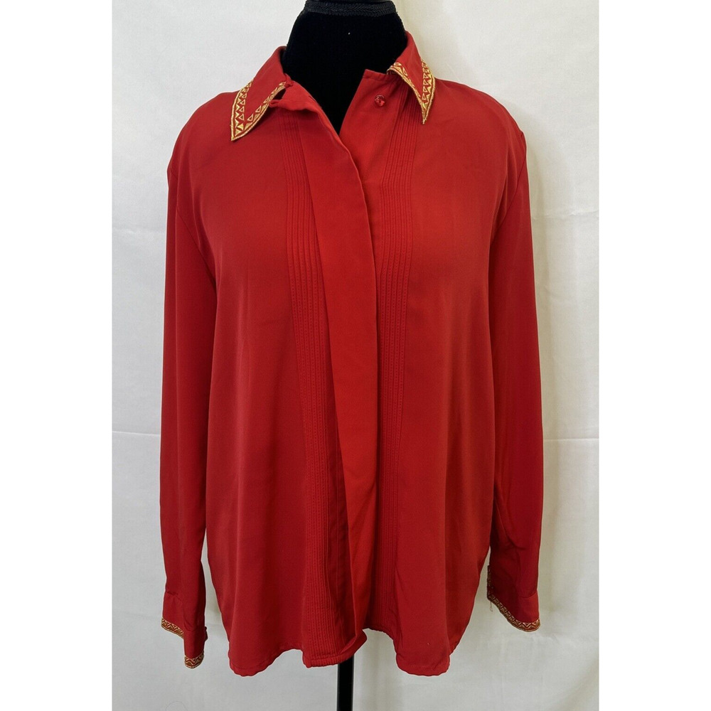 Vintage 80s Joanna Red Pleated Button Down Blouse w/Gold Trim Women’s Large FS